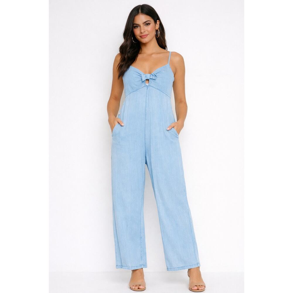 Sim & Sam Light Blue Wide Leg Jumpsuit Bleach Wash Pockets Casual Boho L